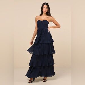 Lulus Seriously Sensational Navy Blue Strapless Tiered Pleated Maxi Dress small